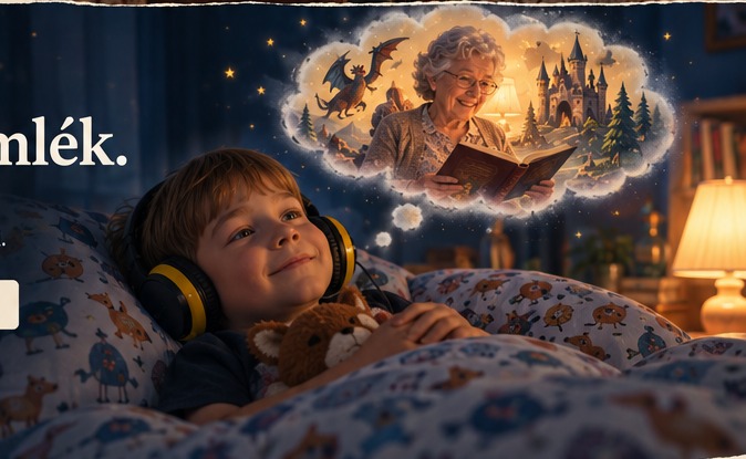 A child listening to a family member's story on headphones at bedtime