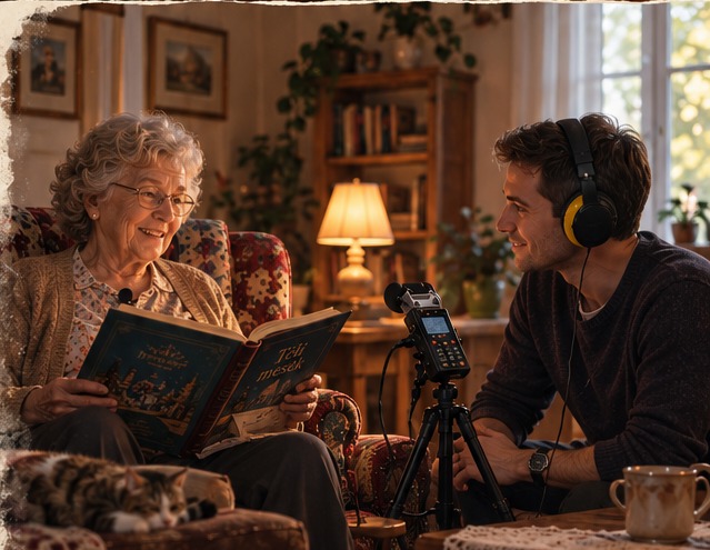 A grandmother reading a story while a professional audio recording is made